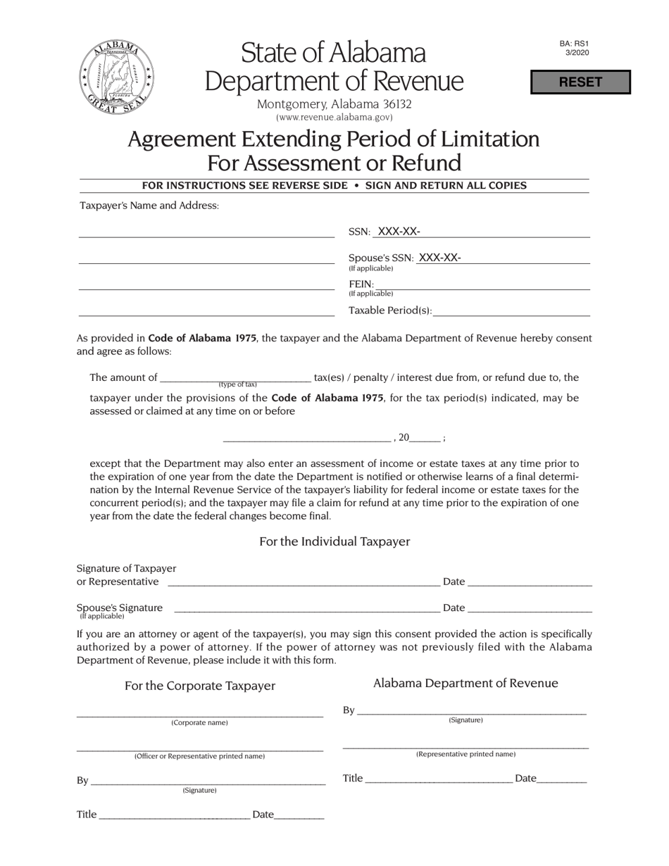 Form BA: RS1 Agreement Extending Period of Limitation for Assessment or Refund - Alabama, Page 1