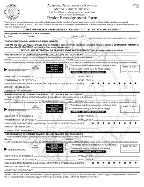 Form MVT8-3 Dealer Reassignment Form - Alabama