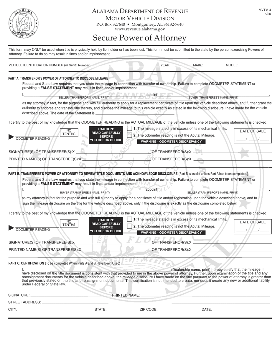 Form MVT8-4 Secure Power of Attorney - Alabama, Page 1