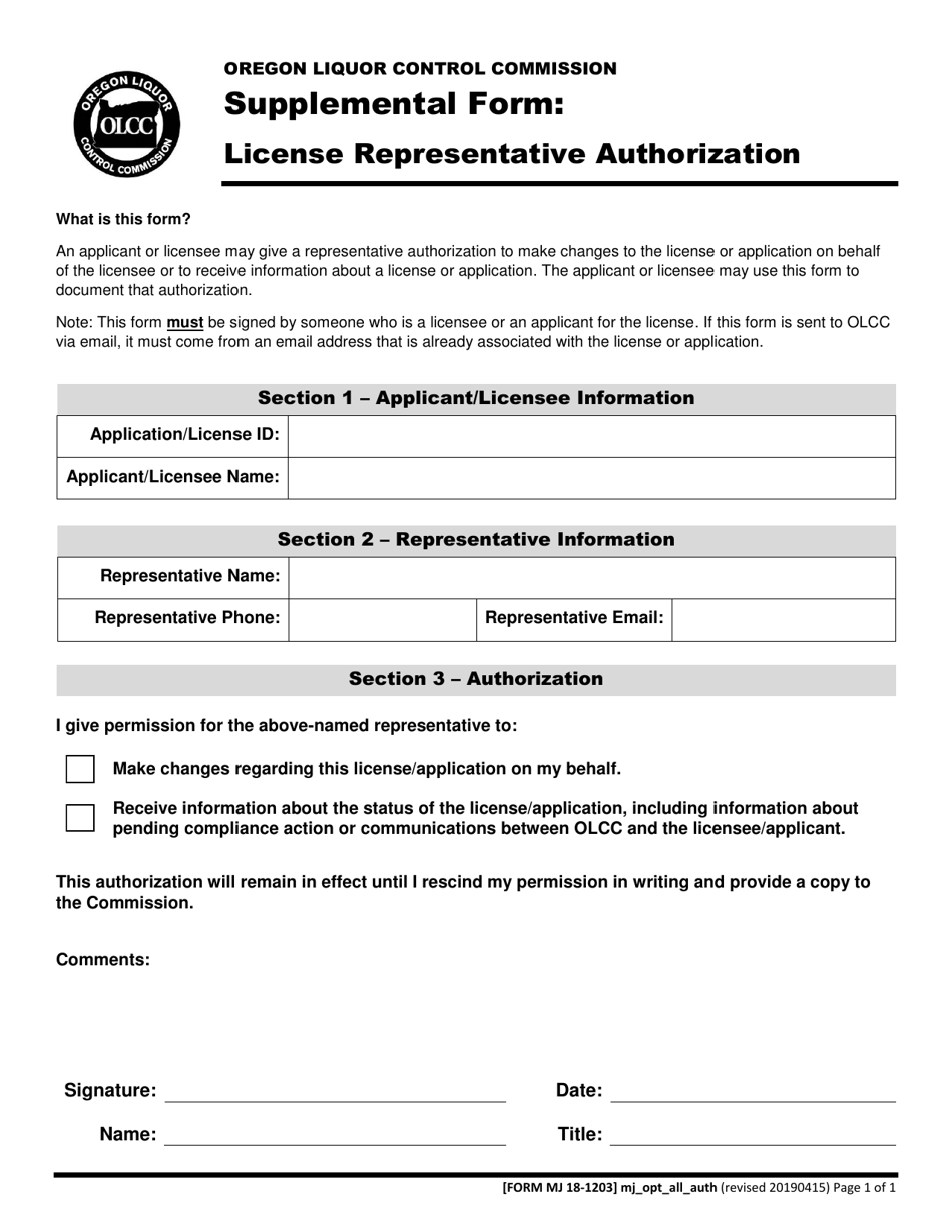 Form MJ18-1203 License Representative Authorization - Oregon, Page 1