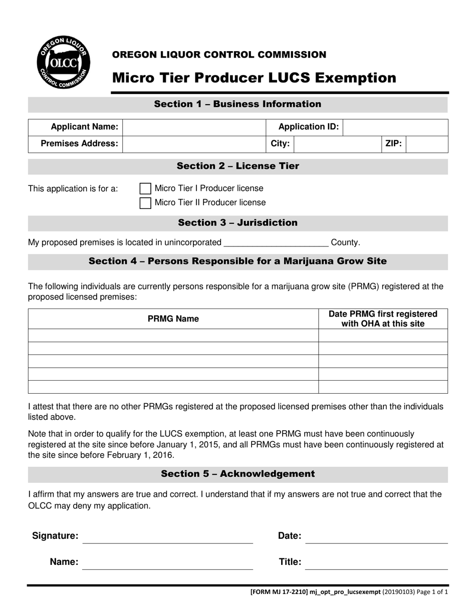 Form MJ17-2210 Micro Tier Producer Lucs Exemption - Oregon, Page 1