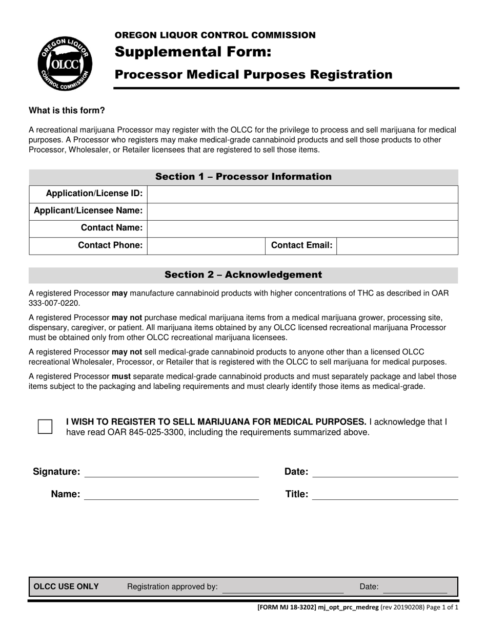 Form MJ18-3202 Supplemental Form: Processor Medical Purposes Registration - Oregon, Page 1