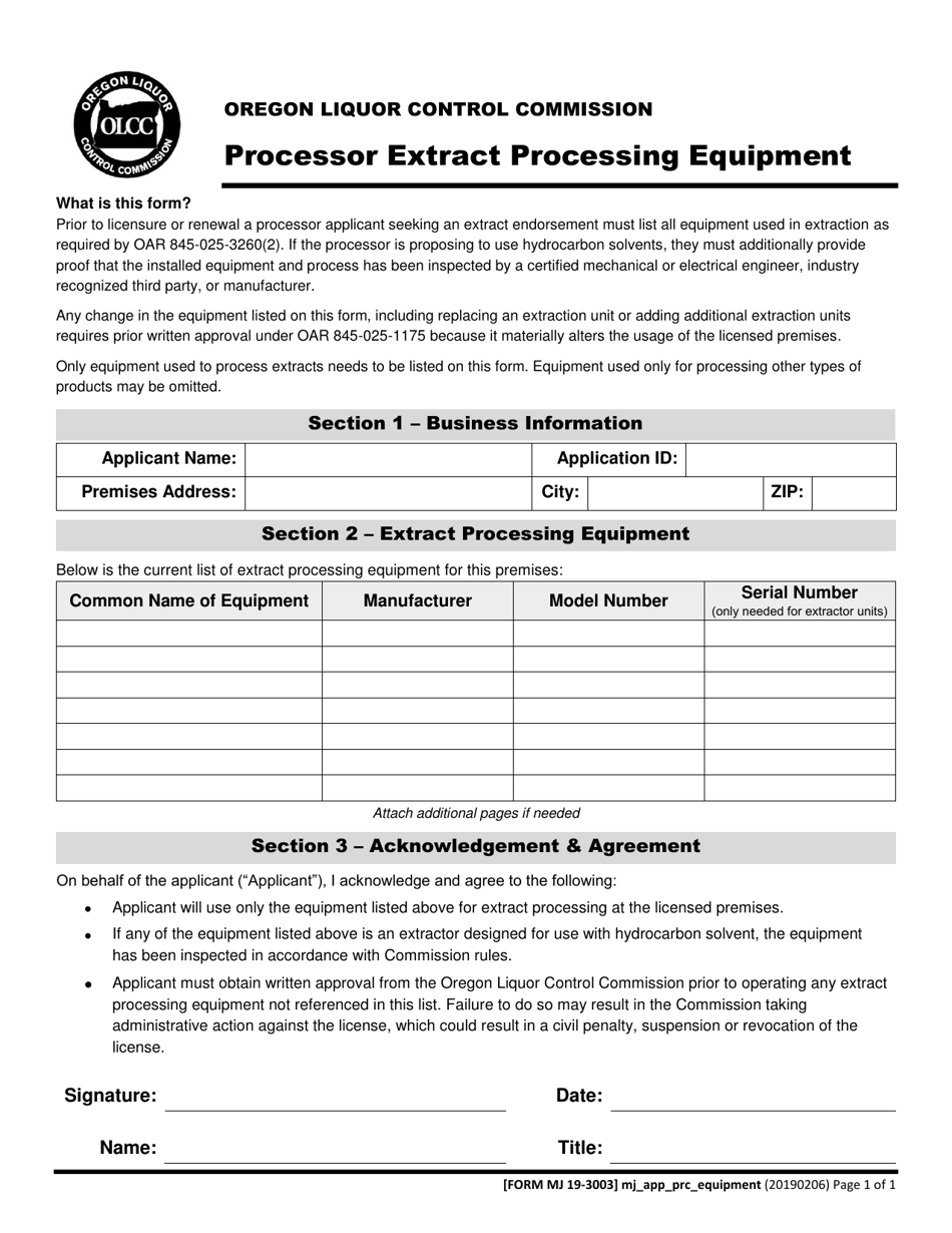 Form MJ19-3002 Processor Extract Processing Equipment - Oregon, Page 1