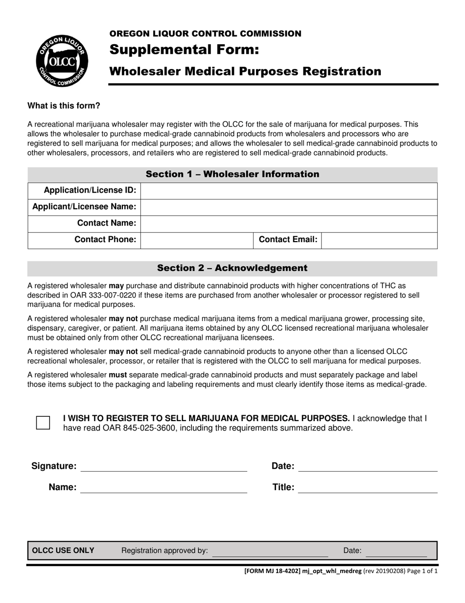 Form MJ18-4202 Wholesaler Medical Purposes Registration - Oregon, Page 1