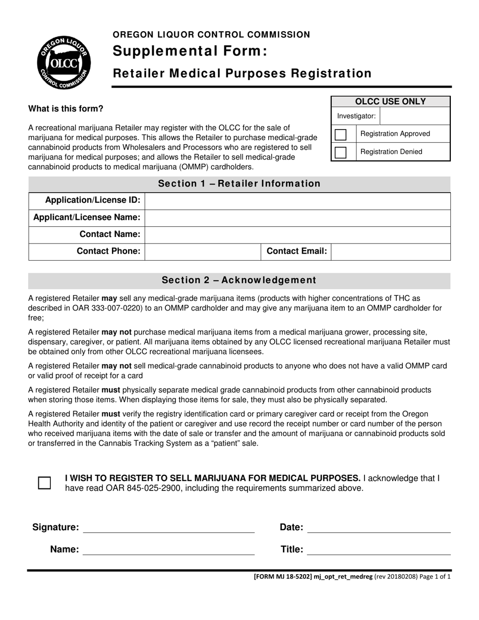 Form MJ18-5202 Retailer Medical Purposes Registration - Oregon, Page 1