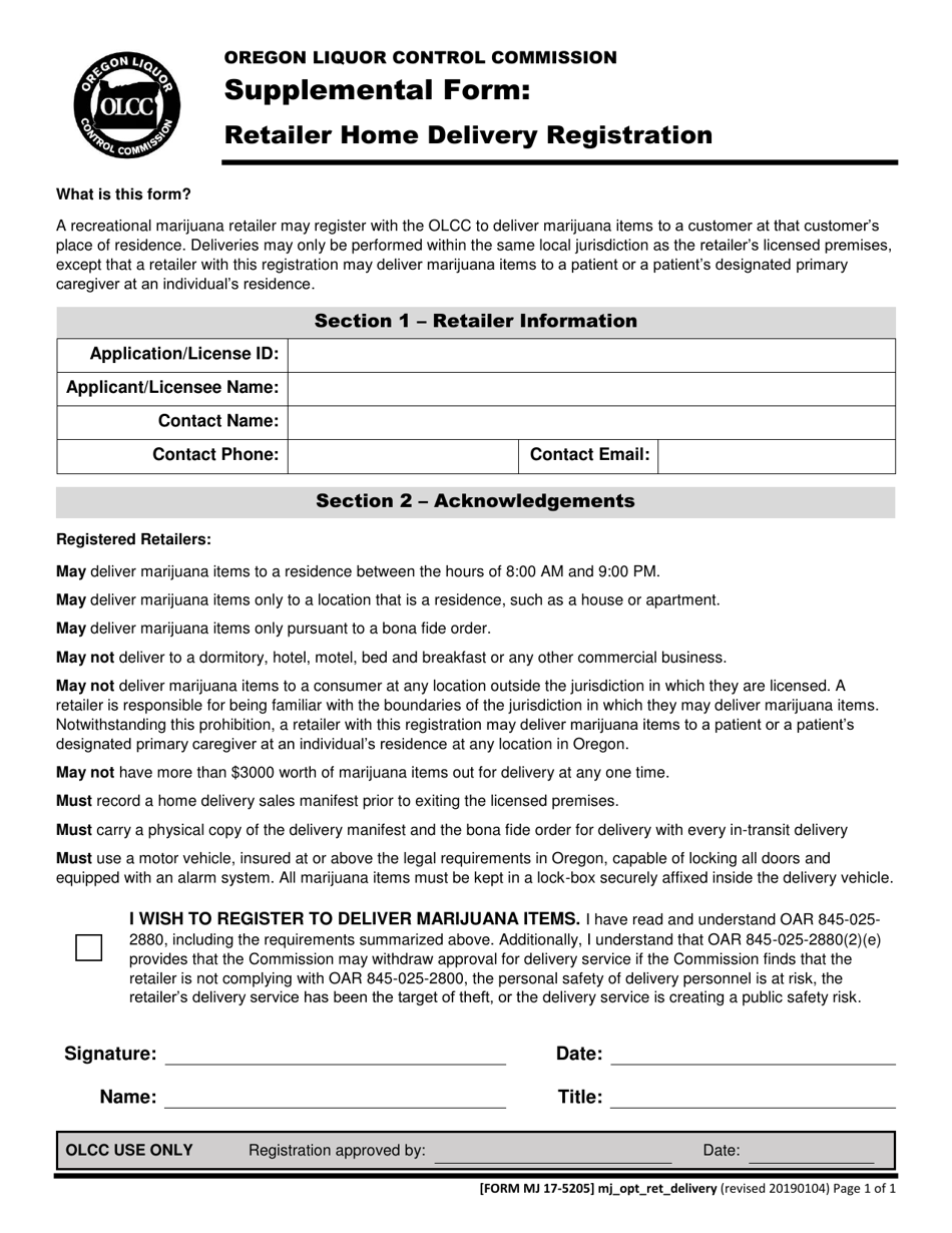 Form MJ17-5205 Supplemental Form: Retailer Home Delivery Registration - Oregon, Page 1