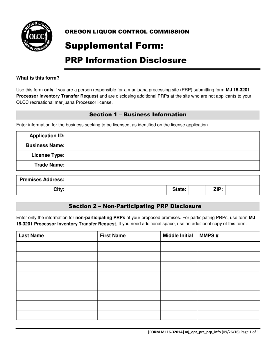 Form MJ16-3201A Supplemental Form: PRP Information Disclosure - Oregon, Page 1