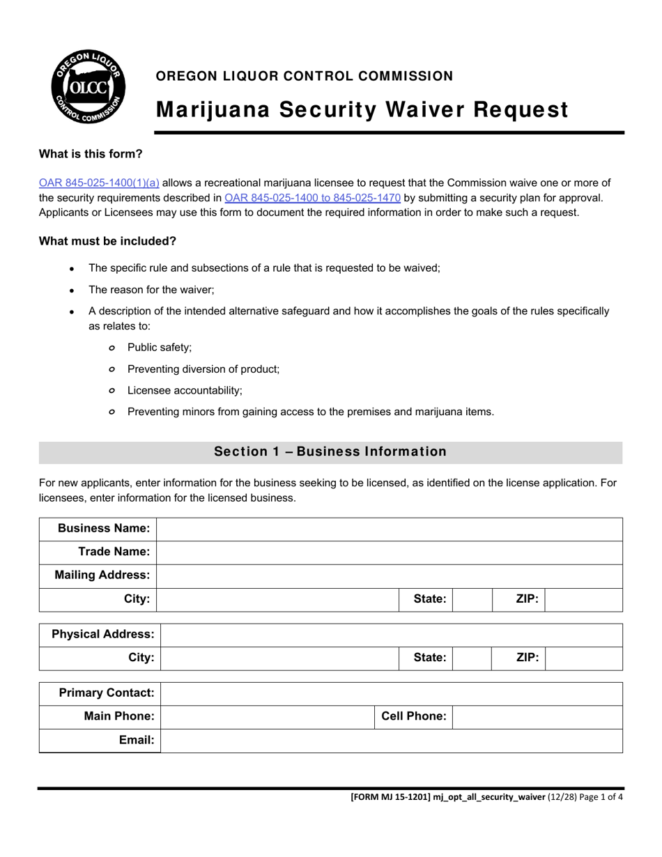 Form MJ15-1201 Marijuana Security Waiver Request - Oregon, Page 1