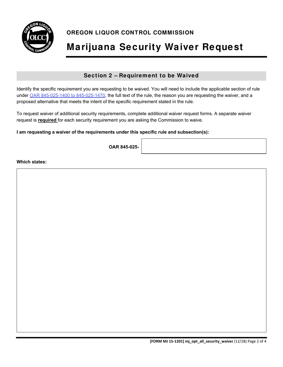 Form MJ15-1201 Marijuana Security Waiver Request - Oregon, Page 2