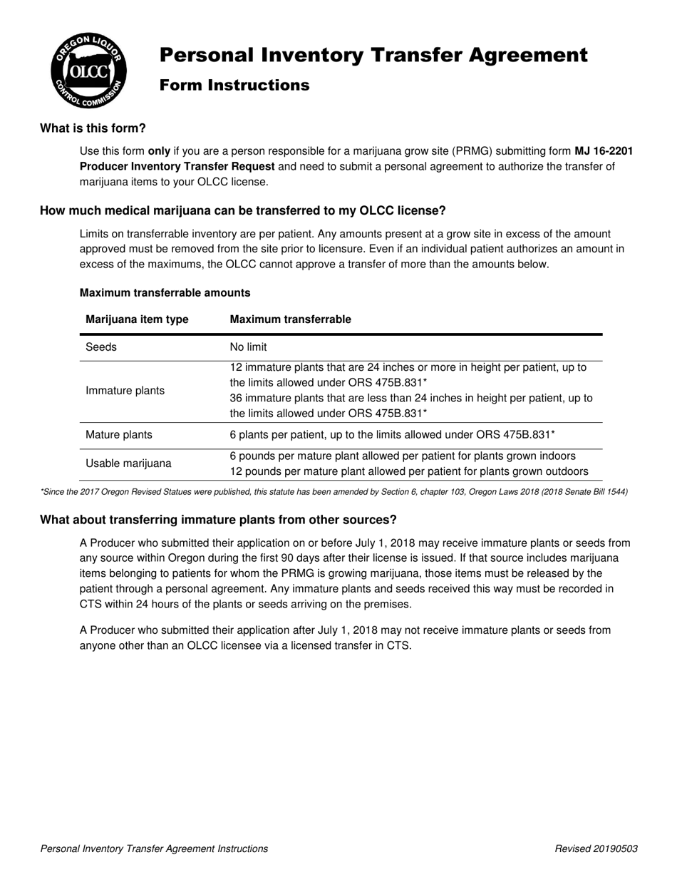 Form MJ16-2202 Personal Inventory Transfer Agreement - Oregon, Page 1
