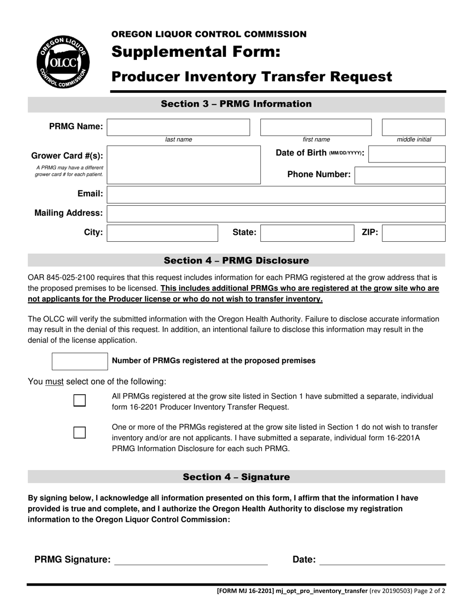 Form MJ16-2201 Supplemental Form: Producer Inventory Transfer Request - Oregon, Page 3