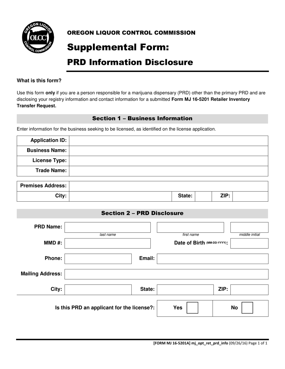 Form MJ16-5201A Supplemental Form: Prd Information Disclosure - Oregon, Page 1