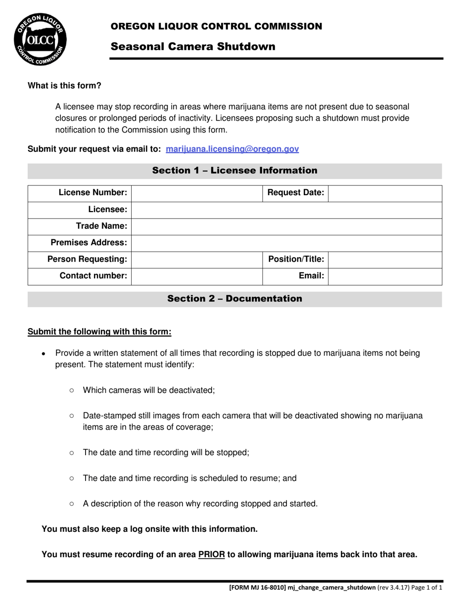 Form MJ16-8010 Seasonal Camera Shutdown - Oregon, Page 1