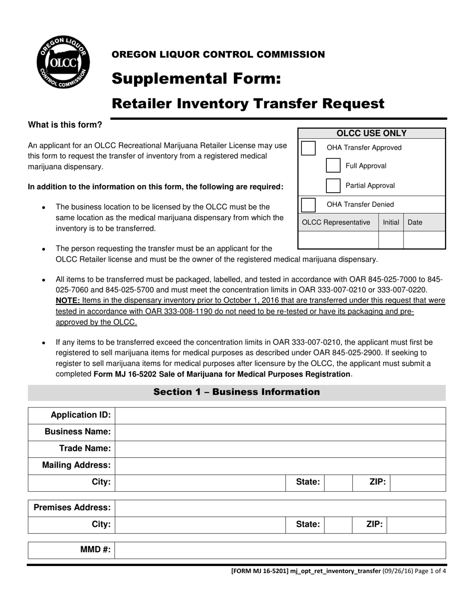 Form MJ16-5201 Supplemental Form: Retailer Inventory Transfer Request - Oregon, Page 1