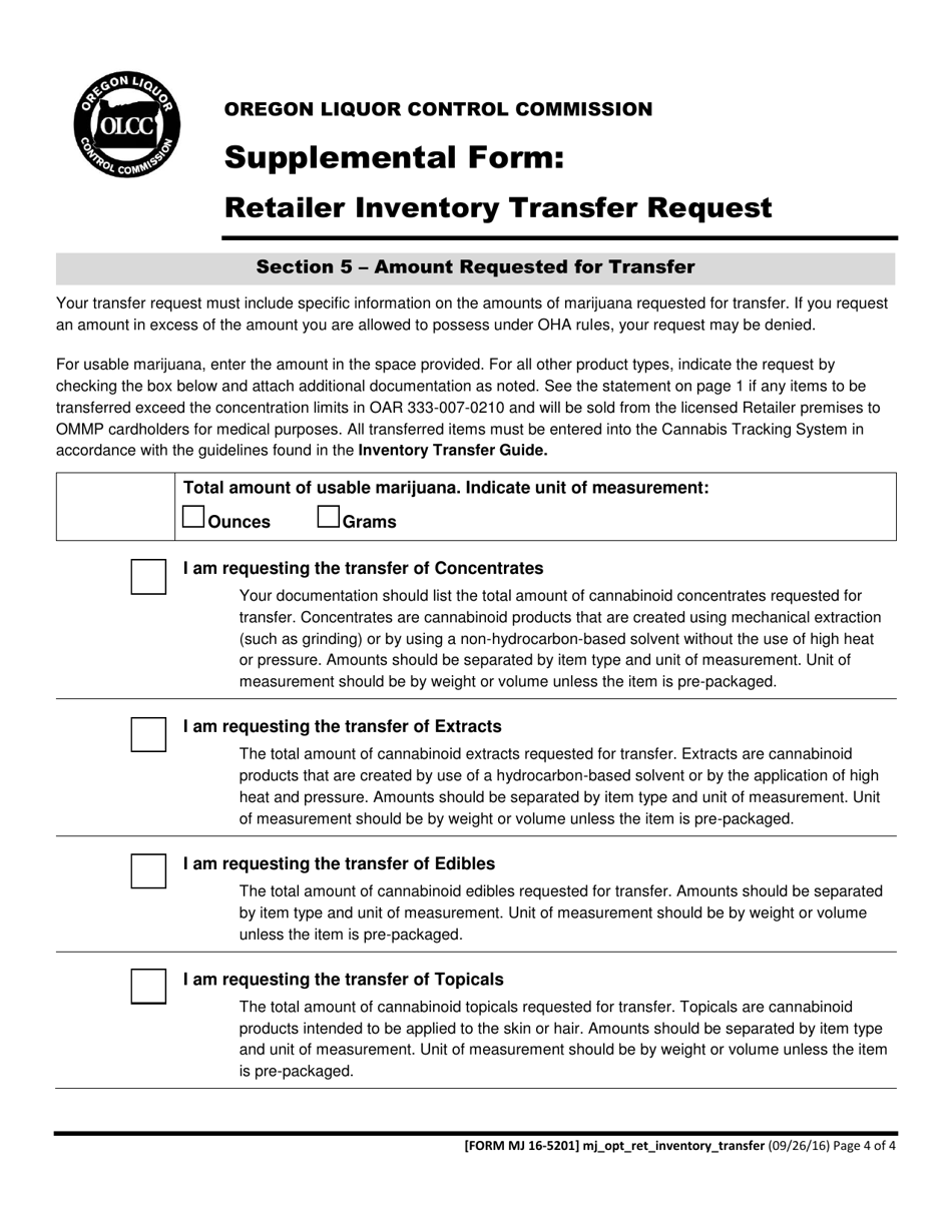 Form MJ16-5201 Supplemental Form: Retailer Inventory Transfer Request - Oregon, Page 4