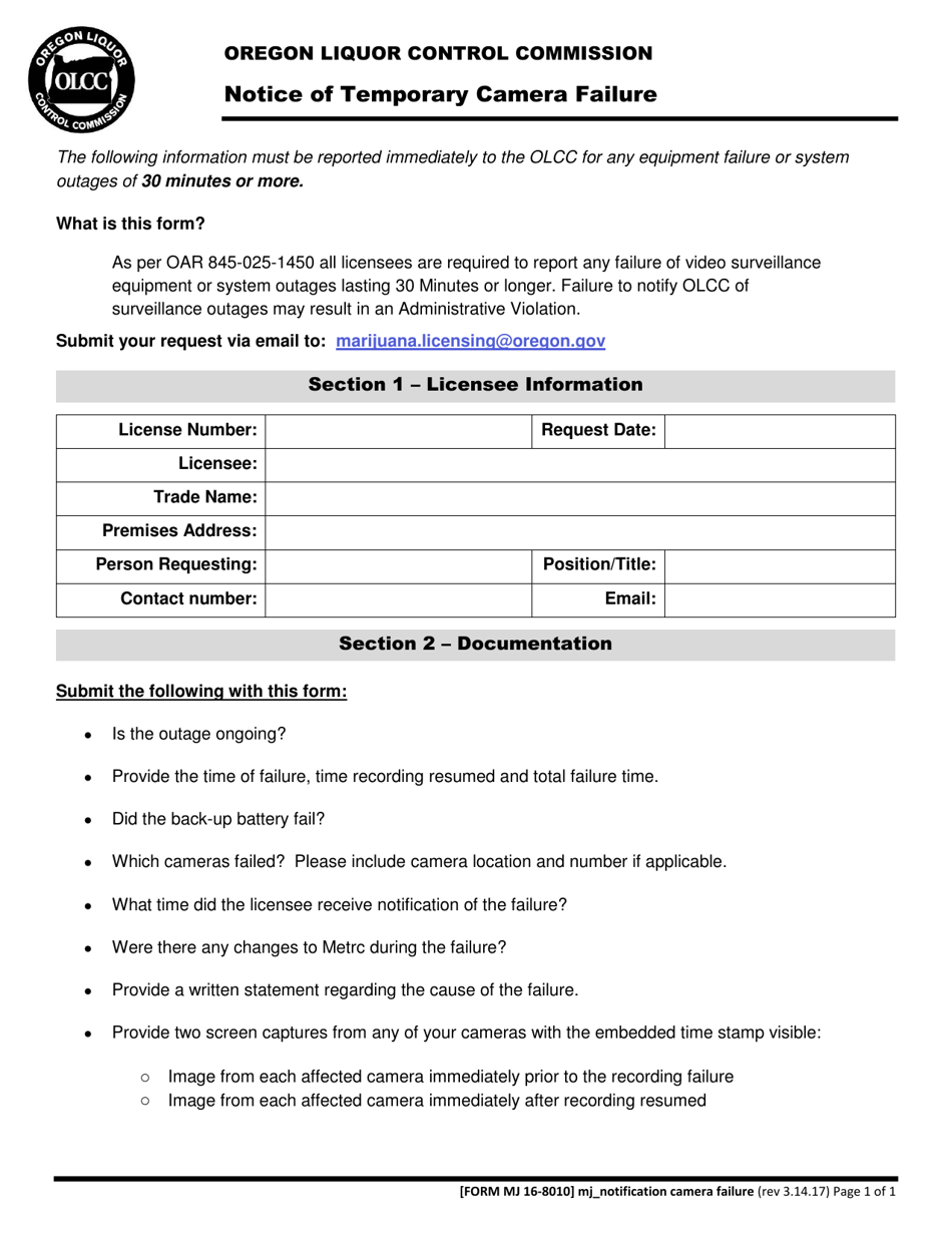 Form MJ16-8010 Notice of Temporary Camera Failure - Oregon, Page 1