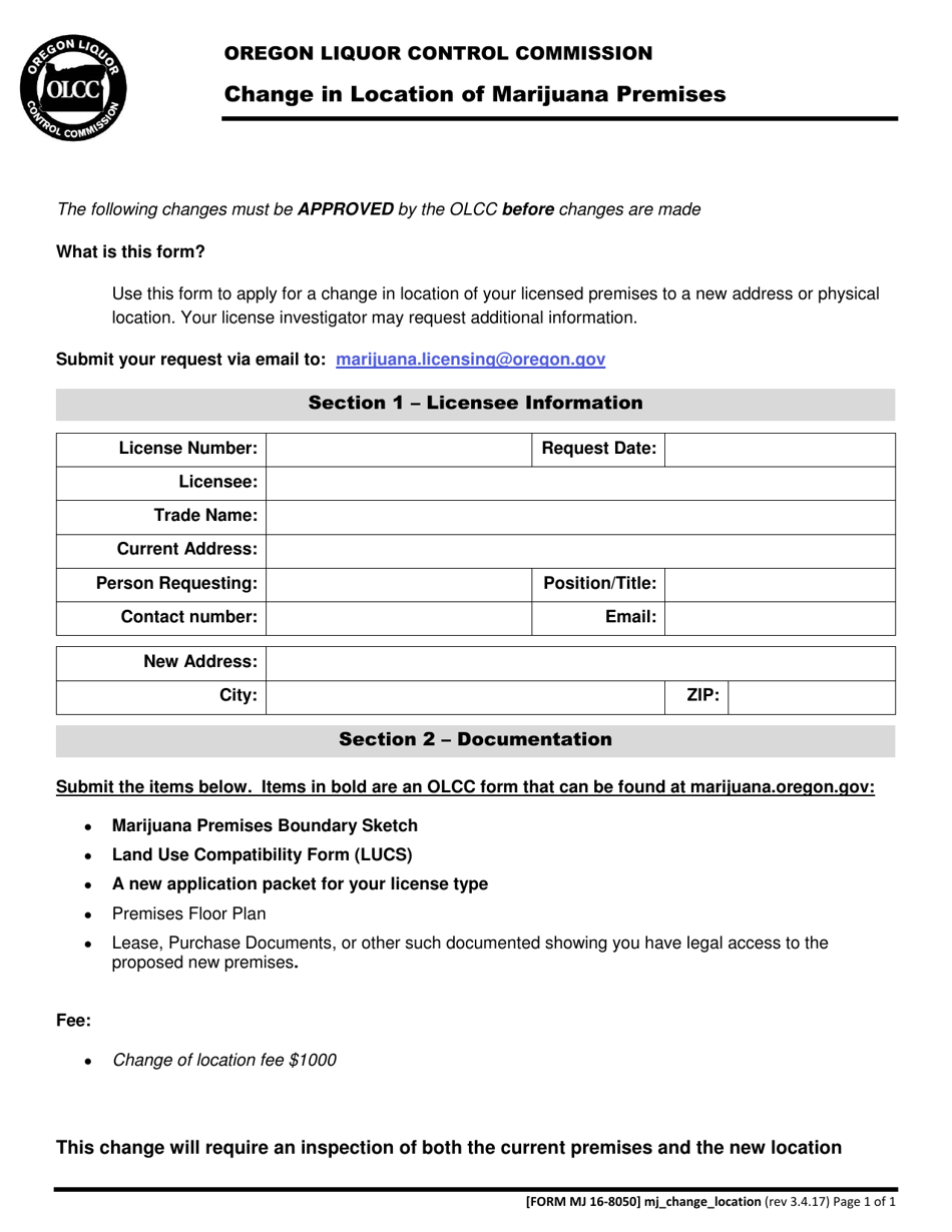 Form MJ16-8050 Change in Location of Marijuana Premises - Oregon, Page 1