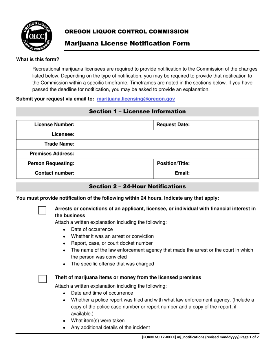Marijuana License Notification Form - Oregon, Page 1