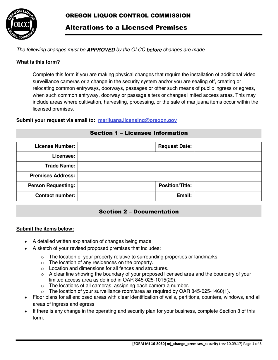 Form MJ16-8030 Alterations to a Licensed Premises - Oregon, Page 1