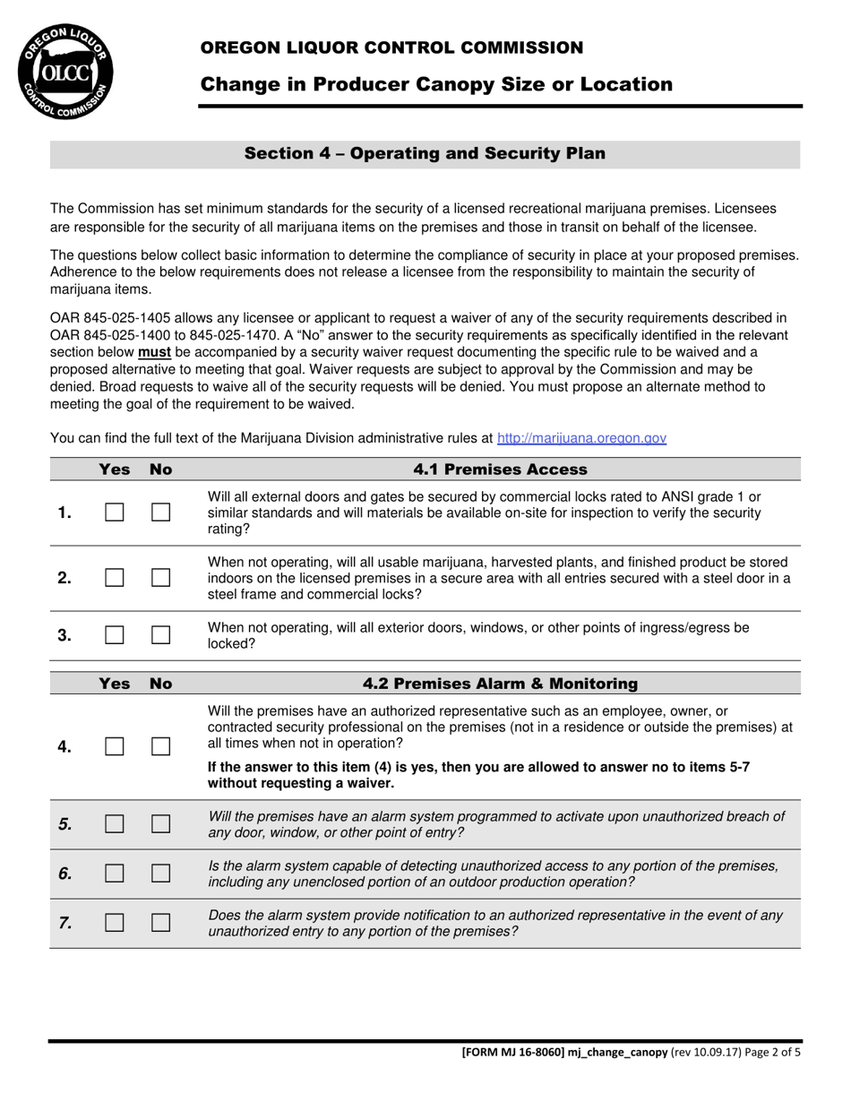 Form MJ16-8060 Change in Producer Canopy Size or Location - Oregon, Page 2