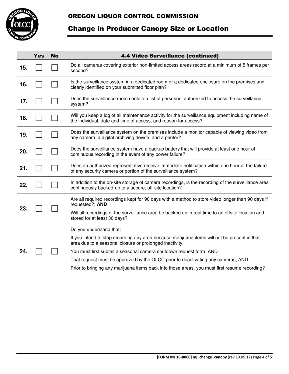 Form MJ16-8060 Change in Producer Canopy Size or Location - Oregon, Page 4