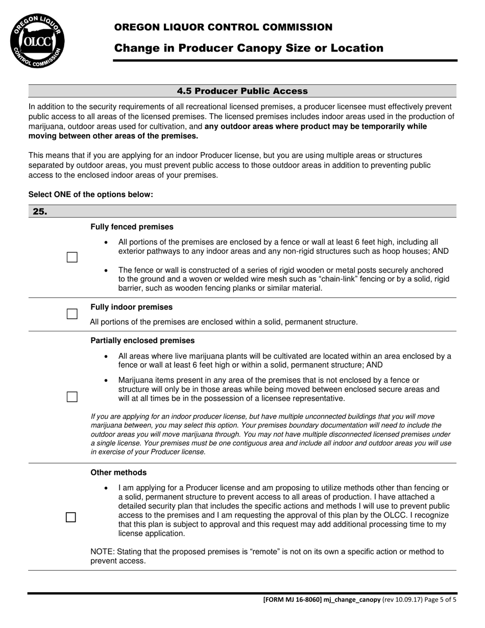 Form MJ16-8060 Change in Producer Canopy Size or Location - Oregon, Page 5
