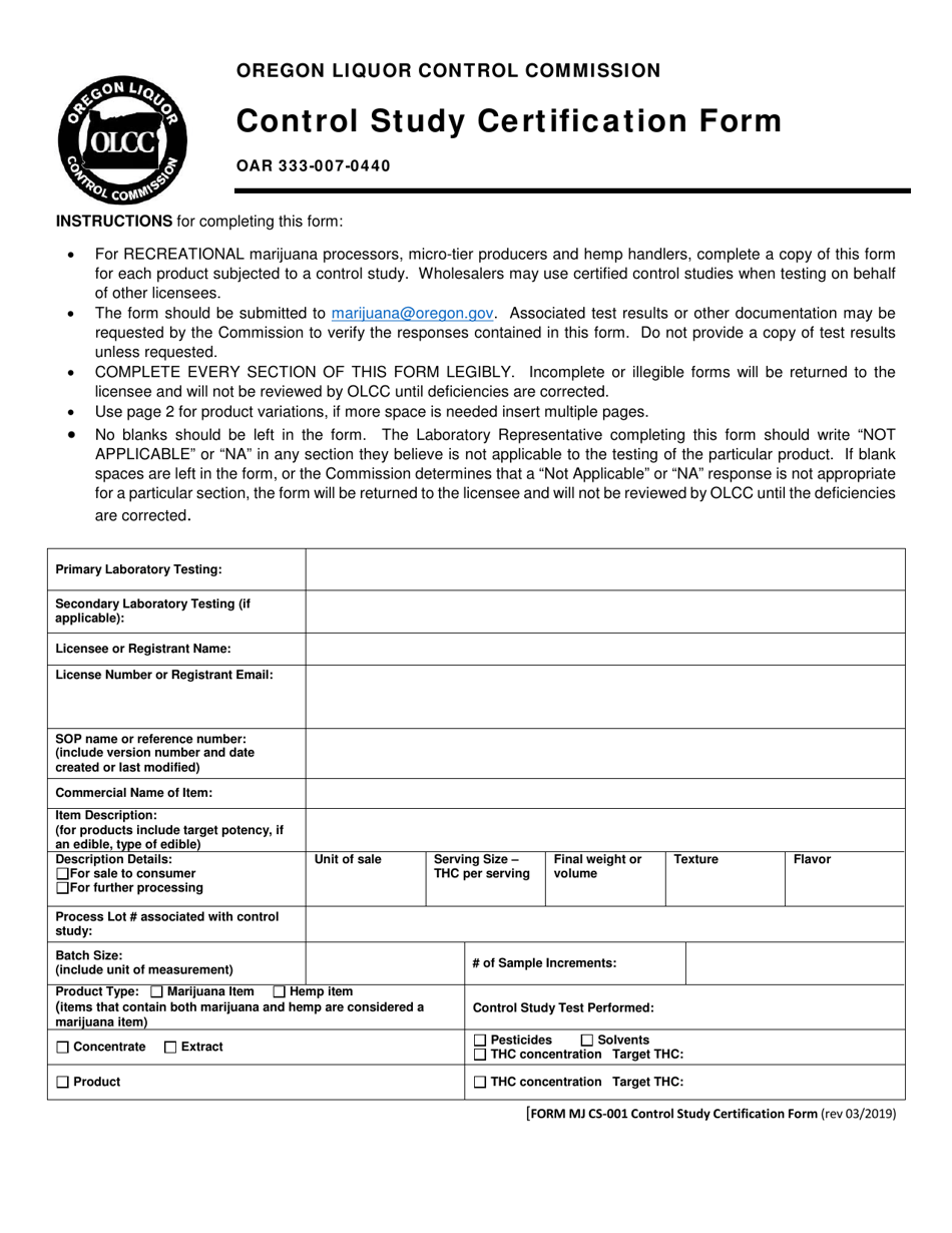 Form MJ CS-001 Control Study Certification Form - Oregon, Page 1