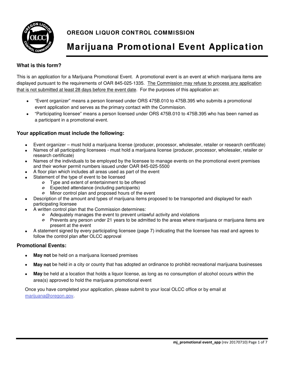 Marijuana Promotional Event Application - Oregon, Page 1