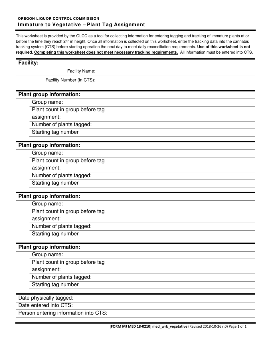 Form MJ MED18-0210 Immature to Vegetative - Plant Tag Assignment - Oregon, Page 1