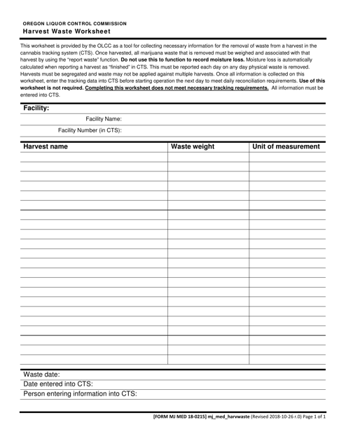 Form MJ MED18-0215 Harvest Waste Worksheet - Oregon