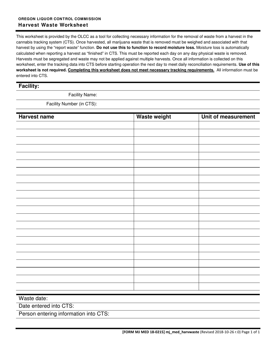 Form MJ MED18-0215 Harvest Waste Worksheet - Oregon, Page 1