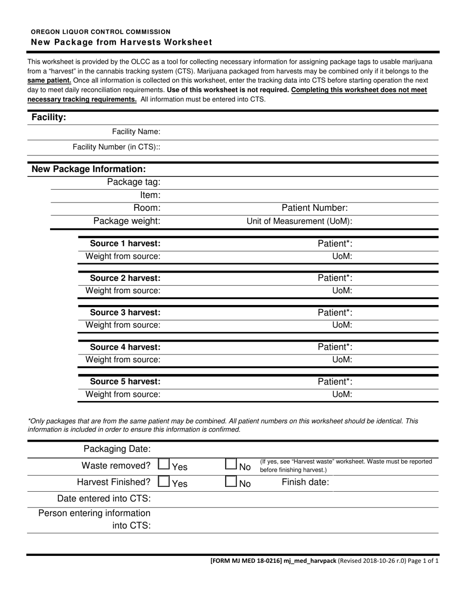 Form MJ MED18-0216 New Package From Harvests Worksheet - Oregon, Page 1
