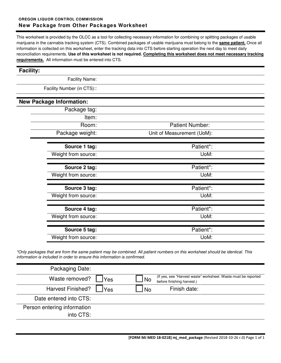 Form MJ MED18-0218 New Package From Other Packages Worksheet - Oregon, Page 1