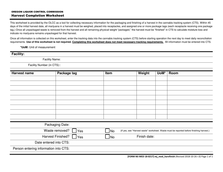 Form MJ MED18-0217 Harvest Completion Worksheet - Oregon, Page 1