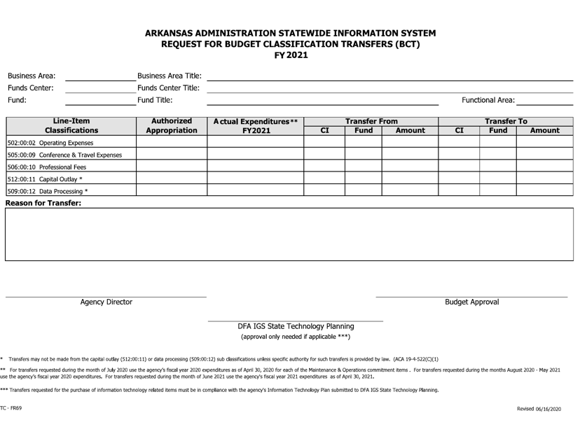 Form TC-FR69 Request for Budget Classification Transfers (Bct) - Arkansas, 2021