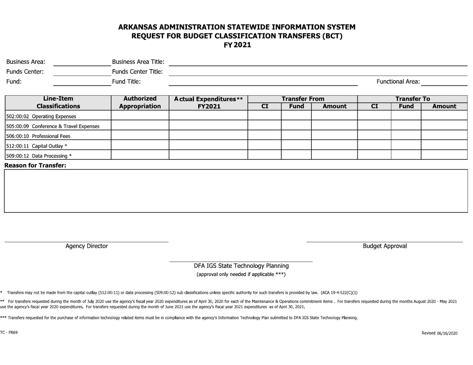 Form TC-FR69 Request for Budget Classification Transfers (Bct) - Arkansas, Page 1