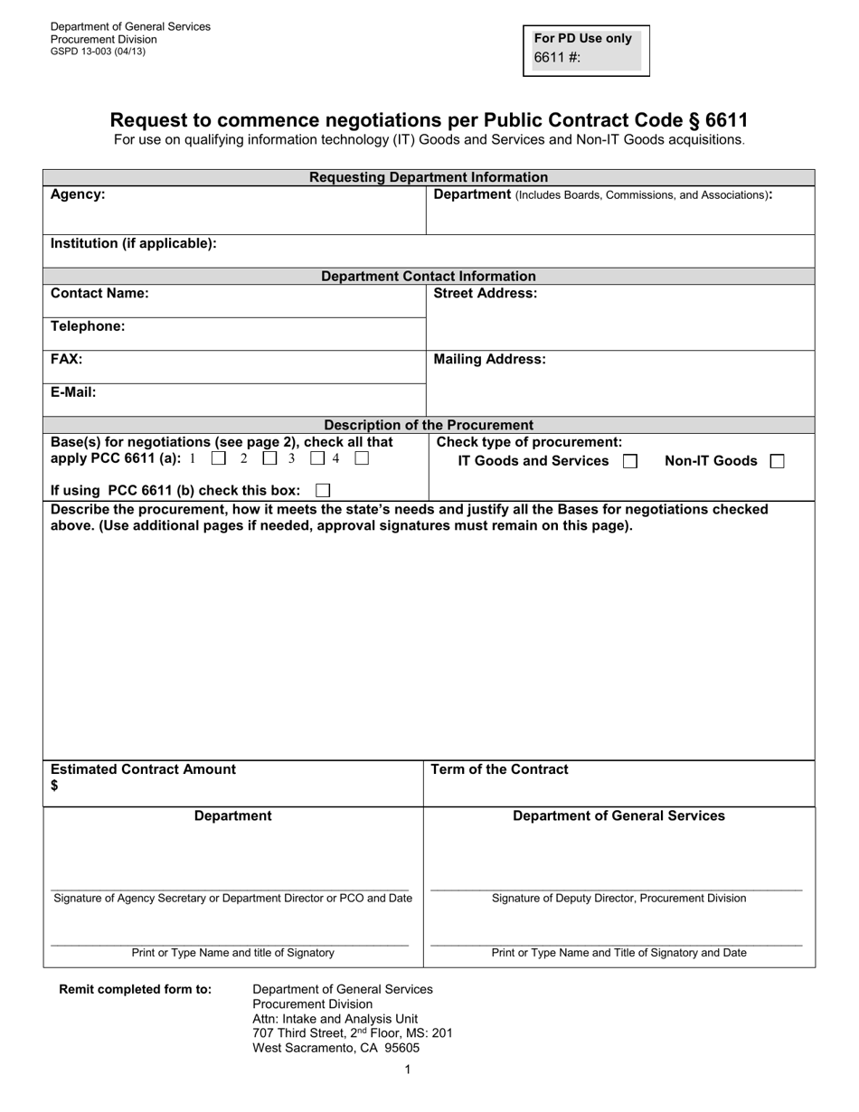 Form GSPD13-003 Request to Commence Negotiations Per Public Contract Code 6611 - California, Page 1