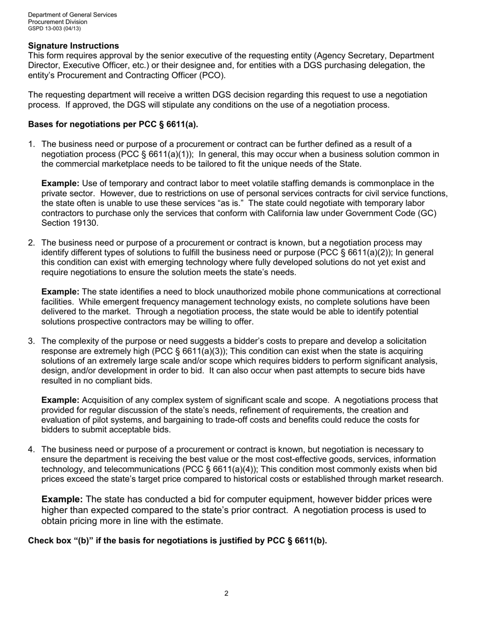 Form GSPD13-003 Request to Commence Negotiations Per Public Contract Code 6611 - California, Page 2
