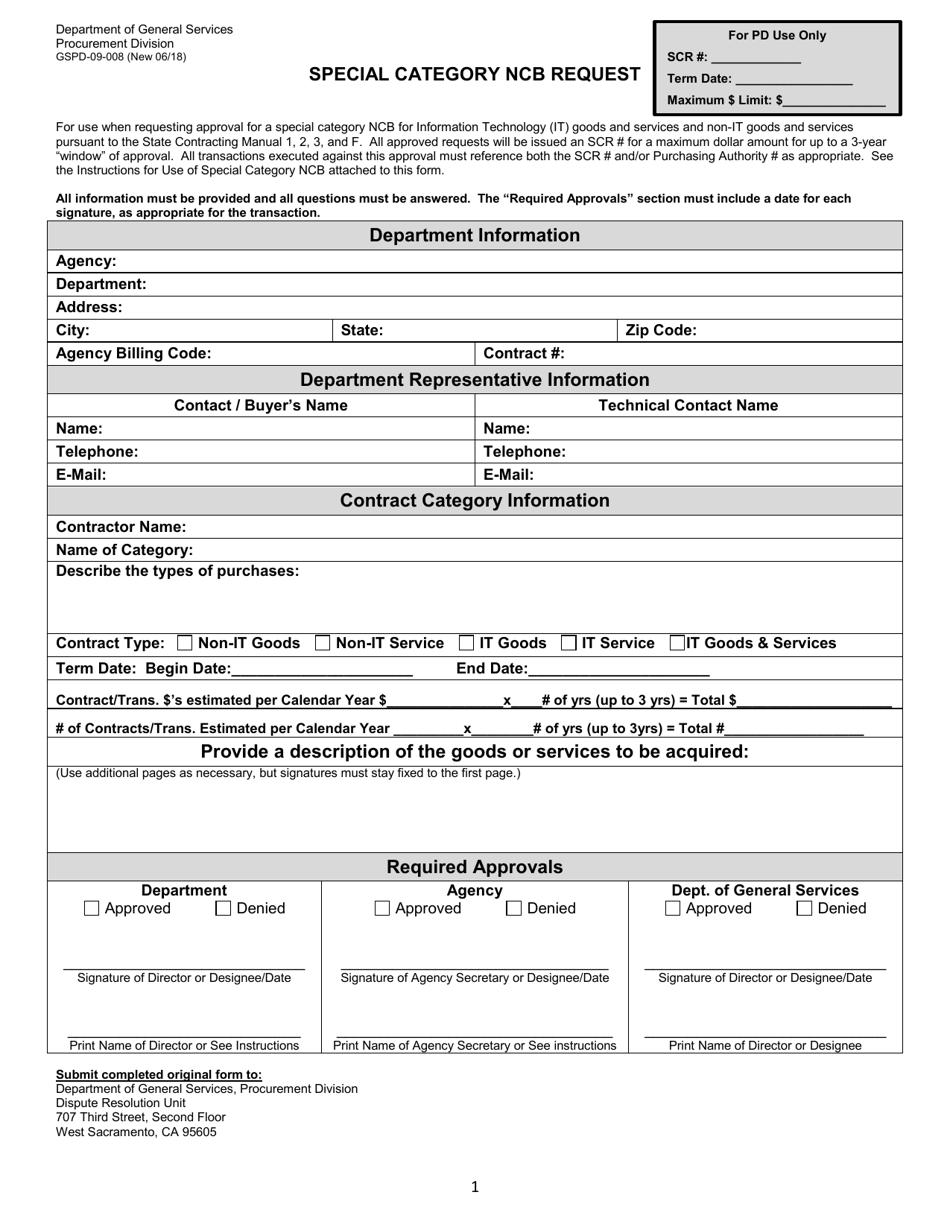 Form GSPD-09-008 Special Category Ncb Request - California, Page 1