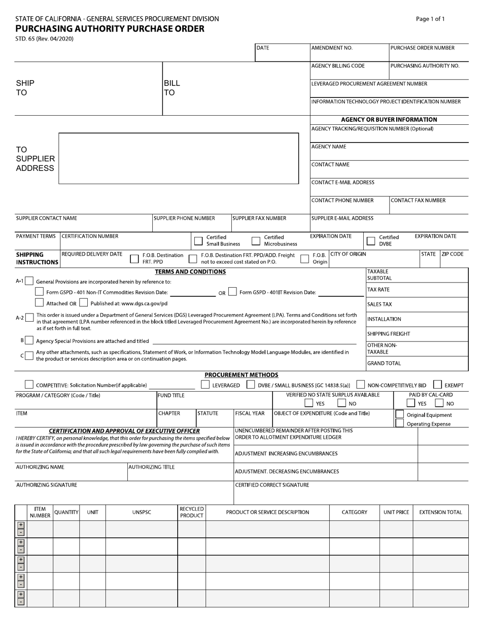 Form STD.65 Purchasing Authority Purchase Order - California, Page 1