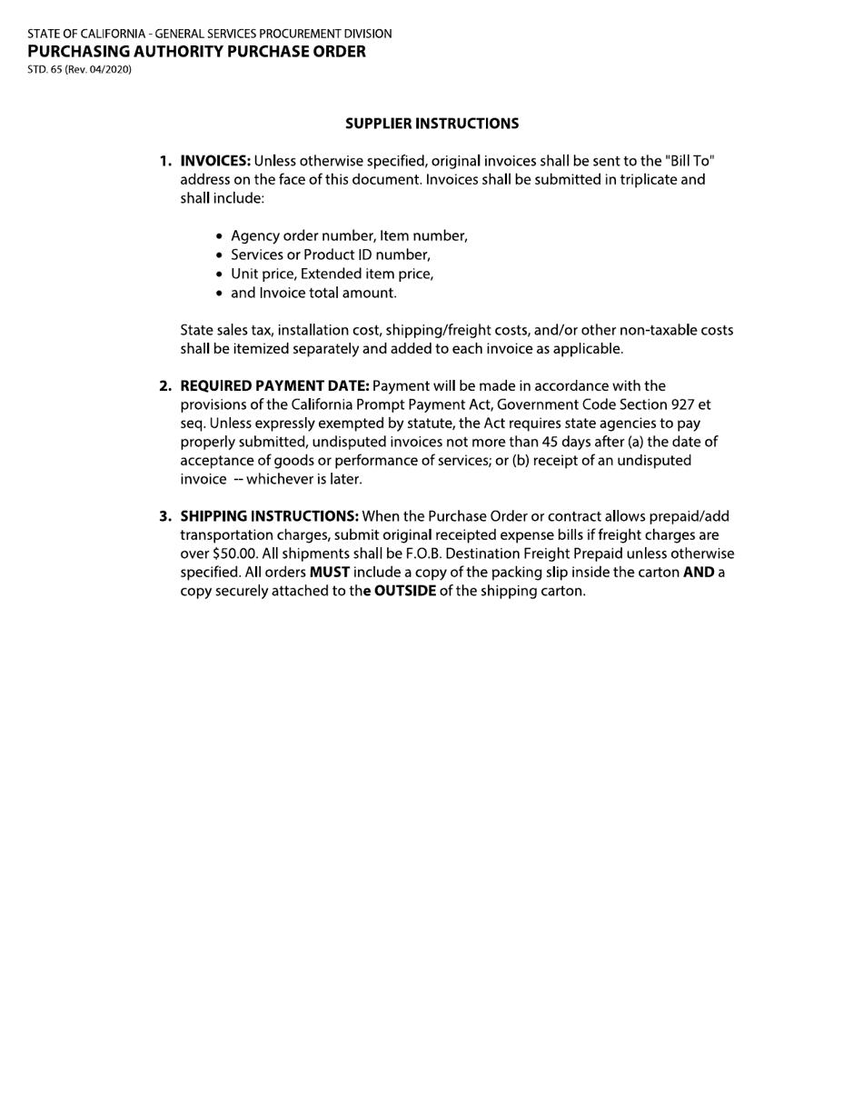 Form STD.65 Purchasing Authority Purchase Order - California, Page 2