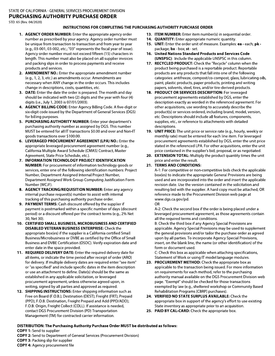 Form STD.65 Purchasing Authority Purchase Order - California, Page 3