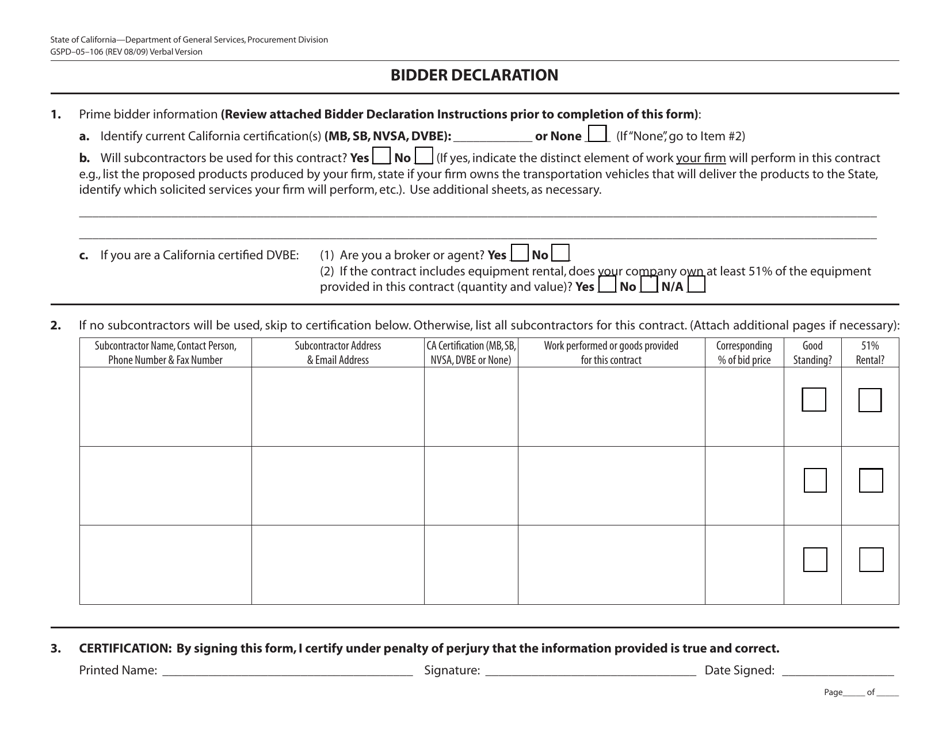 Form GSPD-05-106 Bidder Declaration - California, Page 1
