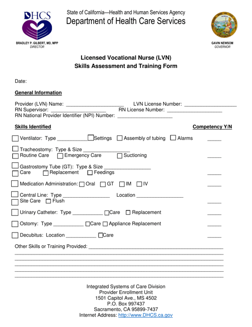 Licensed Vocational Nurse (Lvn) Skills Assessment and Training Form - California Download Pdf