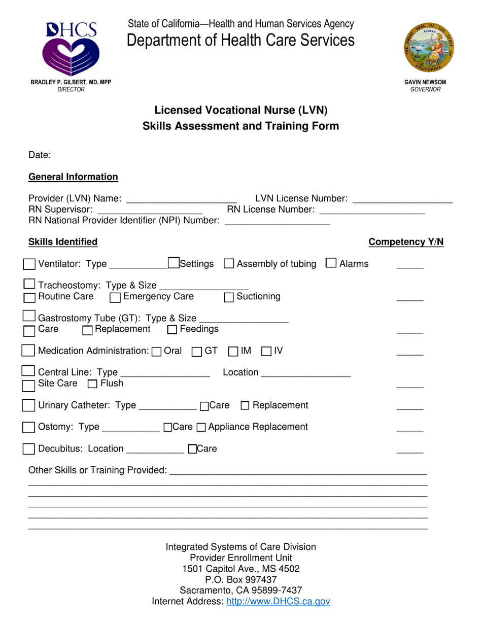 Licensed Vocational Nurse (Lvn) Skills Assessment and Training Form - California, Page 1