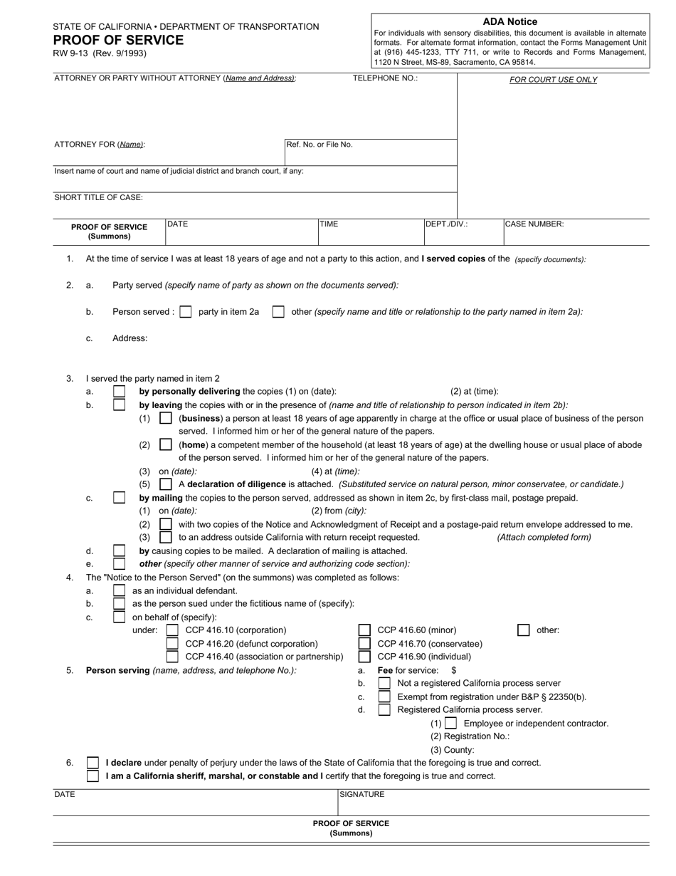 Form RW9-13 Proof of Service - California, Page 1