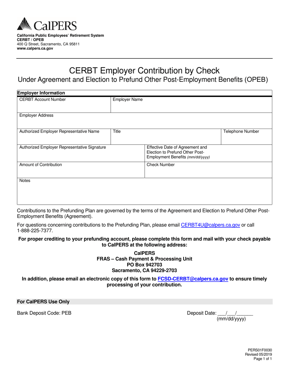 Form PERS01F0030 Cerbt Employer Contribution by Check Under Agreement and Election to Prefund Other Post-employed Benefits (Opeb) - California, Page 1