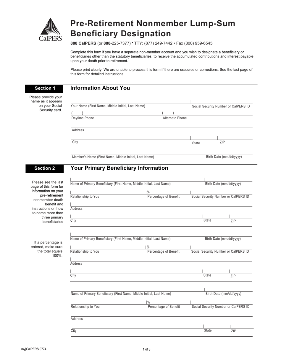 Form my|CalPERS0774 Pre-retirement Nonmember Lump-Sum Beneficiary Designation - California, Page 1