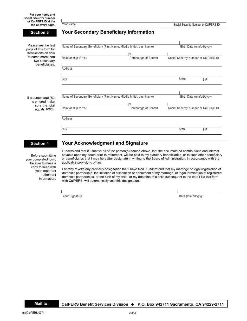 Form my|CalPERS0774 Pre-retirement Nonmember Lump-Sum Beneficiary Designation - California, Page 2
