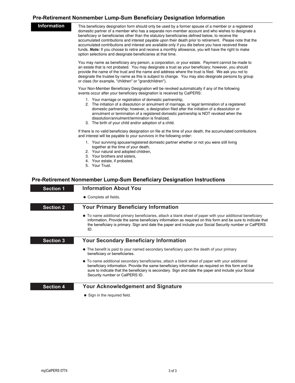 Form my|CalPERS0774 Pre-retirement Nonmember Lump-Sum Beneficiary Designation - California, Page 3